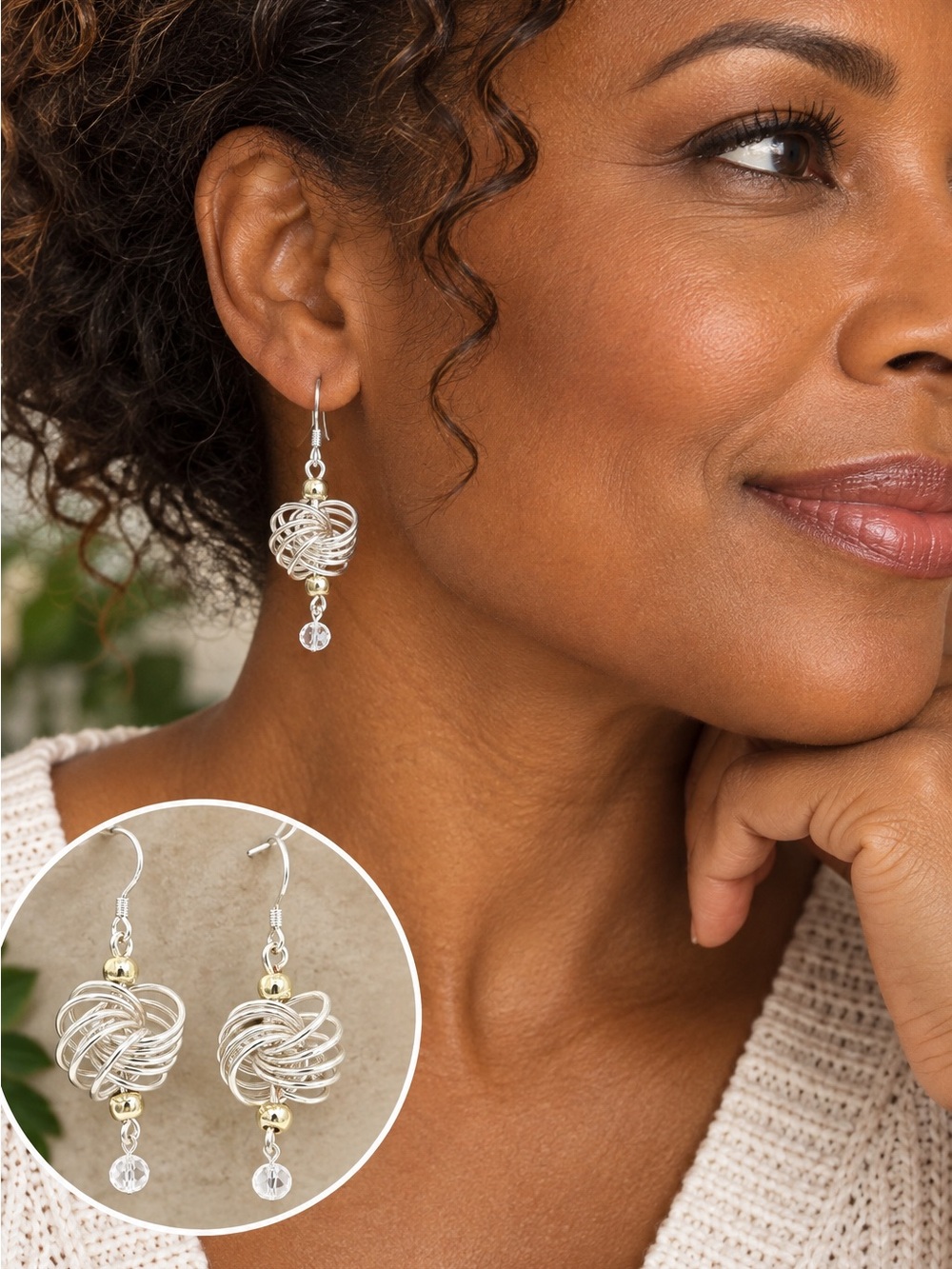 Hand Crafted Silver-Tone Knotted Wire Drop Earrings with Crystal Accent